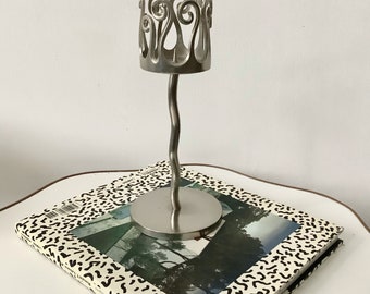 90s Metal Scroll Handmade Candleholder, Silver Chrome