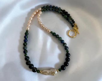 Chrysocolla, Moss Agate, Fresh Water Pearls and Aventurine Necklace