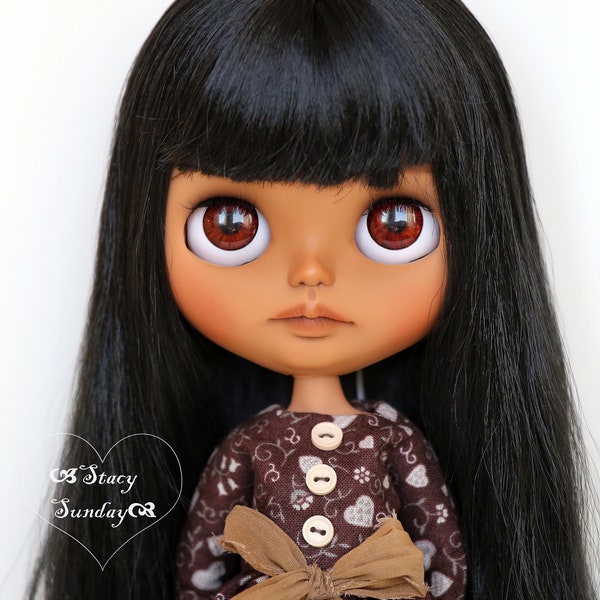 Blythe doll for sale - Scarlett, a lively OOAK custom Blythe doll with handmade Blythe outfit