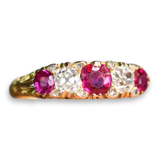 Victorian Ruby and Diamond Five Stone Ring/ antiqu