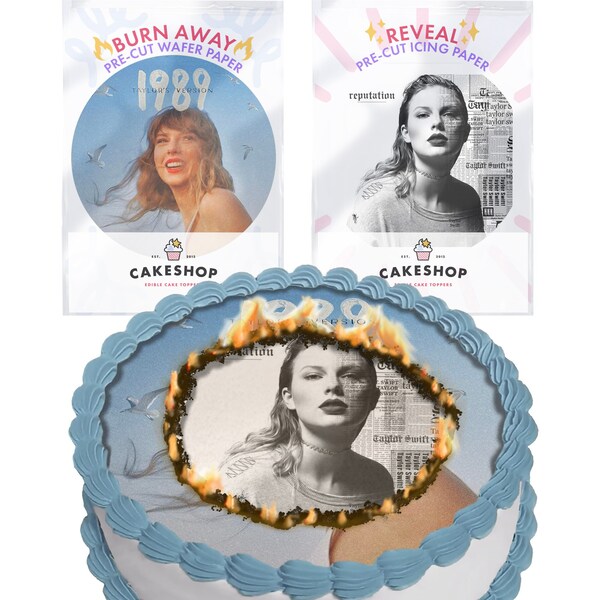 Cakeshop Vollständig benutzerdefinierte essbare Burn Away Cake Topper Pack | 1 x Zuckerguss-Bogen & 1 x Oblaten-Bogen | Benutzerdefiniertes Bild und Text | Wählen Sie Form und Größe