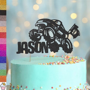 Cakeshop Personalised Monster Truck Birthday Glitter Cake Topper with Sprinkles | Custom Colour Any Name & Age Truck Racing Cake Decoration