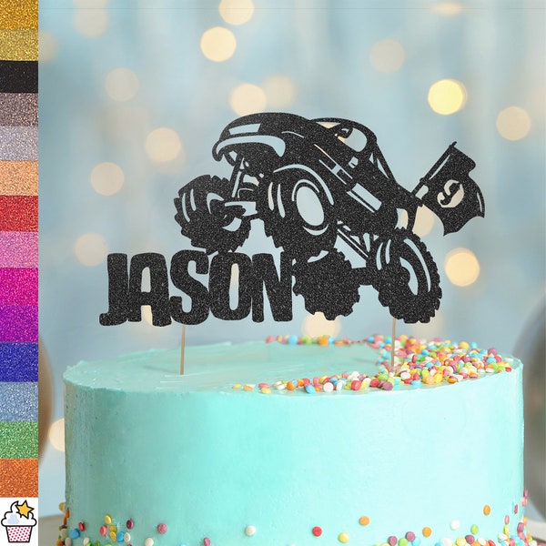 Personalised Monster Truck Birthday Glitter Cake Topper by Cakeshop | Custom Colour, Any Age & Name | Mud Truck Racing Party Cake Decoration