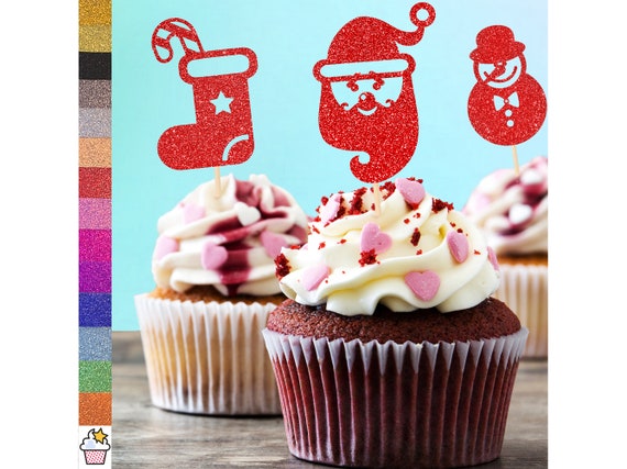 Weihnachts Tortendeko Set 7-teilig – Rosa Cupcake-Topper Mit Weihnachtsmann, Schneemann, Schneeflocke & Tannenbaum