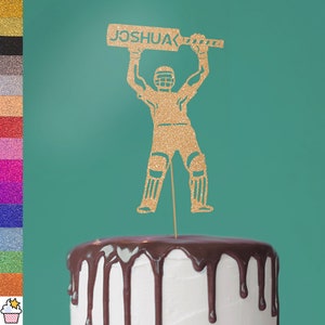 Adorno para tarta con purpurina y diseño de bateador de críquet personalizado de Cakeshop con chispitas / Tarjeta decorativa con purpurina de doble cara con nombre y edad en color personalizado