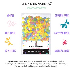May include: A bag of colorful edible sprinkles with the text "Cakeshop" and "Edible Sprinkles". The bag is labeled as vegan, nut free, gluten free, lactose free, E171 free, and shellac free.