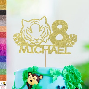 Cakeshop Personalised Tiger Birthday Glitter Cake Topper with Sprinkles | Custom Colour Any Name & Age Jungle Themed Cake Decoration
