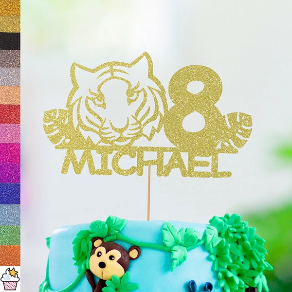 Personalised Birthday Glitter Cake Topper by Cakeshop | Custom Colour Any Name & Any Age Jungle Themed Cake Decoration Tiger Animal Party