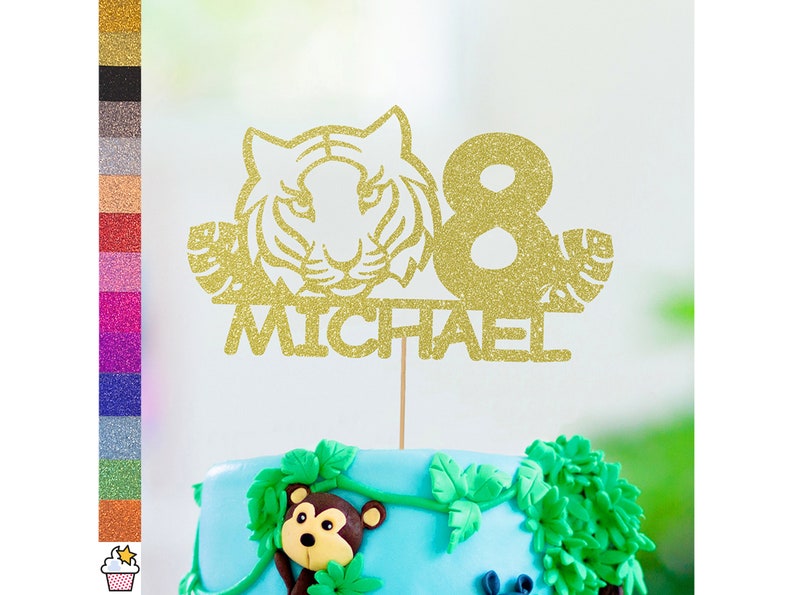 Personalised Birthday Glitter Cake Topper by Cakeshop Custom Colour Any Name Any Age Jungle Themed Cake Decoration Tiger