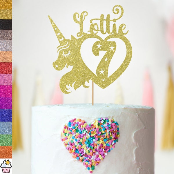 Personalised Birthday Glitter Cake Topper by Cakeshop | Custom Colour Any Name and Any Age Cute Unicorn Love Heart Decoration | Magic Party