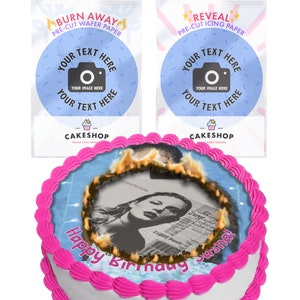 Cakeshop Confezione di decorazioni per torte completamente personalizzate edibili Burn Away / 1 foglio di glassa e 1 foglio di cialda / Immagine e testo personalizzati / Scegli forma e dimensione