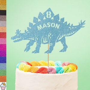 Personalised Birthday Glitter Cake Topper by Cakeshop | Custom Colour Any Name & Age Dinosaur Cake Decoration Fun Stegosaurus Party