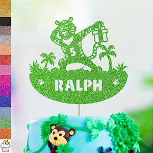 Cakeshop Personalised Tiger Birthday Glitter Cake Topper with Sprinkles | Custom Colour Name & Age Jungle Themed Party Cake Decoration
