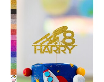 Cakeshop Personalised Space Birthday Glitter Cake Topper with Sprinkles | Custom Colour Any Name & Age Double Sided Glitter Card Cake Topper