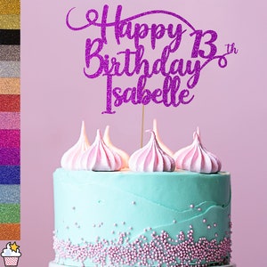 Personalised Happy Birthday Glitter Cake Topper by Cakeshop Custom Colour Any Name & Any Age Double Sided Glitter Card Cake Decoration 001 image 1