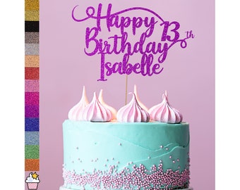 Personalisierte Happy Birthday Glitter Cake Topper von Cakeshop | Benutzerdefinierte Farbe Jeder Name Jedes Alter Doppelseitig Glitter Karte Kuchendekoration 001