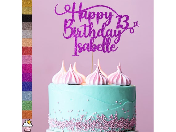 Cakeshop Personalised Happy Birthday Glitter Cake Topper with Sprinkles | Custom Colour Name & Age Double Sided Glitter Card Cake Decoration