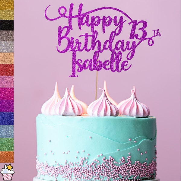 Cakeshop personnalisé pour gâteau pailleté joyeux anniversaire | Couleur personnalisée, tous les noms et tous les âges, décoration de gâteau en cartes scintillantes recto-verso 001
