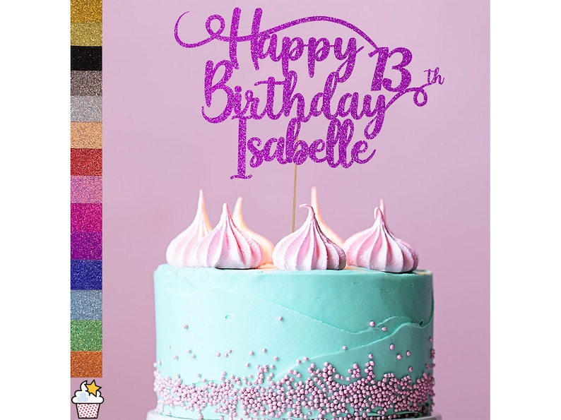 Personalised Happy Birthday Glitter Cake Topper by Cakeshop | Custom Colour Any Name & Any Age Double Sided Glitter Card Cake Decoration 001 