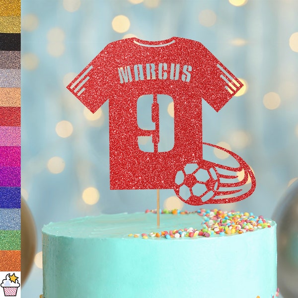 Personalised Birthday Glitter Cake Topper by Cakeshop | Custom Colour Any Name & Age Football T-Shirt Cake Decoration Footy Soccer Party
