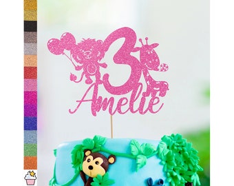 Personalizado Cumpleaños Glitter Cake Topper by Cakeshop / Custom Colour Any Name & Any Age Jungle Cake Decoration Bear and Monkey Animal Party