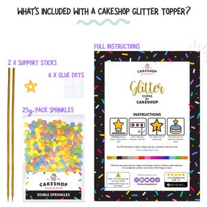 May include: A cake decorating kit with a gold glitter topper, two support sticks, four glue dots, and a 25g pack of colorful sprinkles. The kit includes instructions for applying the topper to a cake.