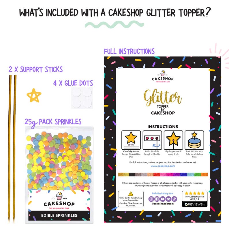 May include: A cake decorating kit with a gold glitter topper, two support sticks, four glue dots, and a 25g pack of colorful sprinkles. The kit includes instructions for applying the topper to a cake.