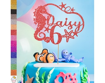 Cakeshop Personalised Sea Horse Under the Sea Glitter Cake Topper with Sprinkles | Custom Colour Name & Age Double Sided Glitter Card Topper