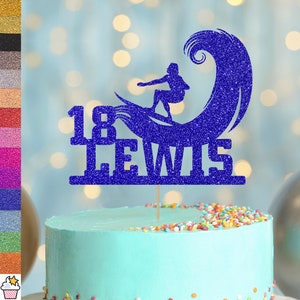 Cakeshop Personalisierter Surfer Geburtstag Glitter Cake Topper mit Streuseln | Benutzerdefinierte Farbe Jeder Name Jedes Alter Ocean Wave Kuchendekoration