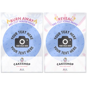 Cakeshop Vollständig benutzerdefinierte essbare Burn Away Cake Topper Pack 1 x Zuckerguss-Bogen & 1 x Oblaten-Bogen Benutzerdefiniertes Bild und Text Wählen Sie Form und Größe Bild 2