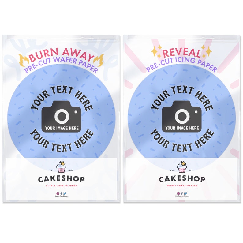 Cakeshop Fully Custom Edible Burn Away Cake Topper Pack 1 x Icing sheet & 1 x Wafer Sheet Custom Image and Text Choose Shape and Size image 2