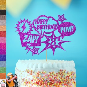 Cakeshop Personalizado Super-herói Aniversário Glitter Bolo Topper com Granulado | Cor Personalizada Qualquer Idade Dupla Face Glitter Cartão Bolo Topper
