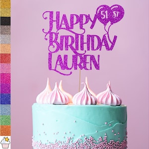 Cakeshop Personalizado Feliz Aniversário Glitter Bolo Topper com Granulado | Cor Personalizada Qualquer Nome & Idade Dupla Face Glitter Cartão Bolo Topper