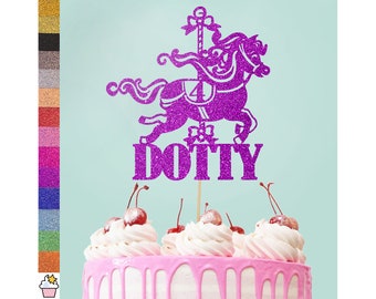 Cakeshop Personalised Horse Carousel Glitter Cake Topper with Sprinkles | Custom Colour Any Name & Age Horse Riding Funfair Party Decoration