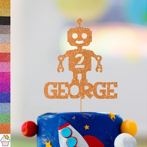 Cakeshop Gepersonaliseerde Space Robot glittertaarttopper met hagelslag | Aangepaste kleurnaam en leeftijd Dubbelzijdig glitterkaart Taartdecoratie