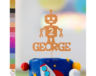 Cakeshop Personalised Space Robot Glitter Cake Topper with Sprinkles | Custom Colour Name & Age Double Sided Glitter Card Cake Decoration