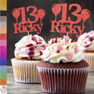 6x Toppers per cupcake di palloncino di compleanno personalizzati, a doppia lato e fatti a mano da cakeshop / colore personalizzato / nome / decorazioni per cupcake dell'età