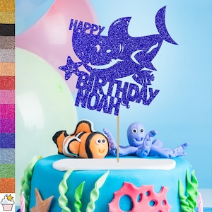 Personalised Birthday Glitter Cake Topper by Cakeshop | Custom Colour Any Name Shark Cake Decoration | Fun Fish Sea Party