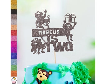 Geburtstags-Glitzer-Tortenauflage von Cakeshop | Individuelle Farbe Jeder Name & Jedes Alter Dschungel Themen Kuchen Dekoration Affe Tier Party