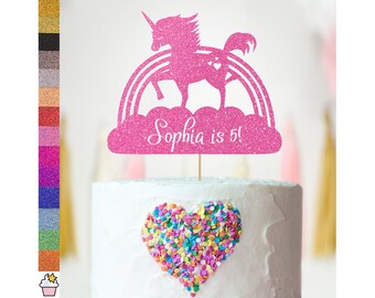 Cakeshop Personalised Unicorn Birthday Glitter Cake Topper with Sprinkles | Custom Colour Any Name & Any Age Rainbow Unicorn Cake Decoration
