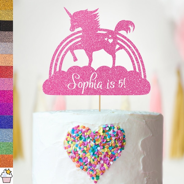 Pastel de purpurina de cumpleaños personalizado Topper by Cakeshop / Color personalizado Cualquier nombre y cualquier edad Linda decoración de unicornio arco iris / Fiesta mágica