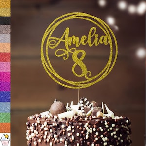 Gepersonaliseerde glitter verjaardagstaarttopper van Cakeshop | Aangepaste kleur | Elke naam en leeftijd | Dubbelzijdige cirkel glitterkaart taartdecoratie