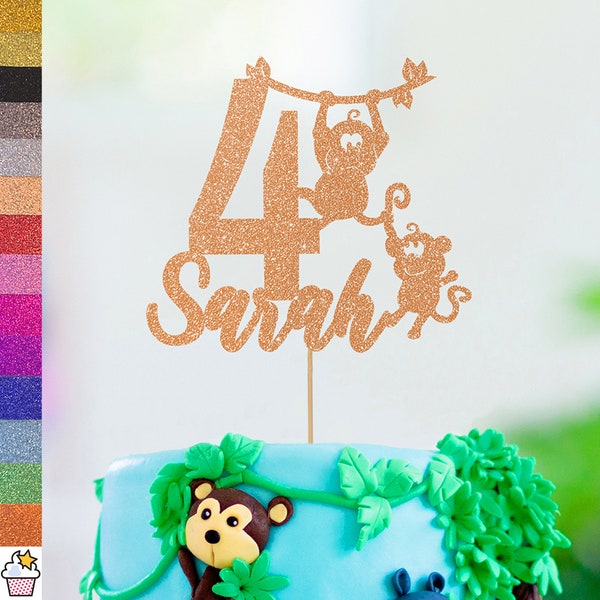 Personalised Birthday Glitter Cake Topper by Cakeshop | Custom Colour Any Name & Any Age Jungle Themed Cake Decoration Monkey Animal Party