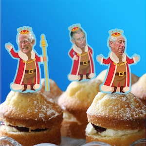 3 POR 2 24 x PRECORTADO Cara divertida del rey Carlos Coronación Decoración comestible para pasteles o cupcakes por Cakeshop / Papel de oblea premium imagen 1