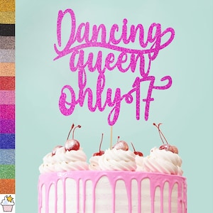 Cakeshop Personalisierte Dancing Queen Glitter Cake Topper mit Streuseln | Benutzerdefinierte Farbe Jedes Alter Doppelseitig Glitter Karte Kuchendekoration