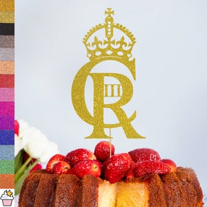 King Charles 3rd Coronation Cypher Crown Glitter Cake Topper Decoration by Cakeshop | Double Sided 400gsm Card | Choose from 14 Colours