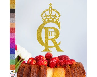 King Charles 3rd Coronation Cypher Crown Glitter Cake Topper Decorazione di Cakeshop / Double Sided 400gsm Card / Scegli tra 14 colori