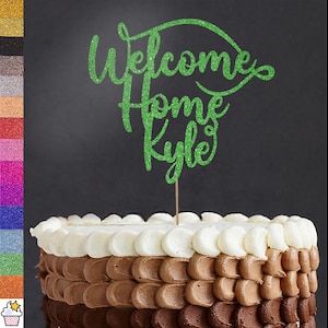 Adorno para tarta de bienvenida a casa personalizado con purpurina y chispas de Cakeshop / Tarjeta de purpurina de doble cara con cualquier nombre y color personalizado