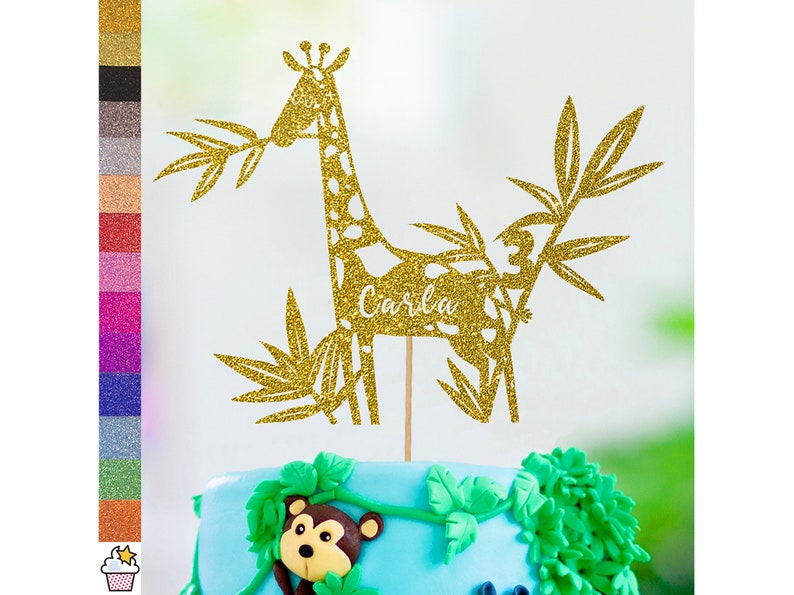 Personalised Birthday Glitter Cake Topper by Cakeshop Custom Colour Name Any Age Jungle Themed Cake Decoration Giraffe Animal