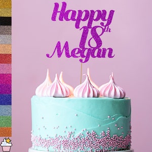 Cakeshop Decorazione per torta di compleanno glitterata personalizzata con granelli / Colore personalizzato, qualsiasi nome ed età, decorazione per torta con carta glitterata bifacciale